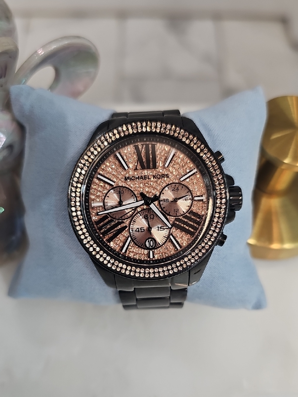 Michael Kors Black Stainless Steel Unisex Watch with Rose Gold Crystal Dial